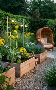 a garden filled with lots of plants and flowers next to a wooden bench on top of gravel