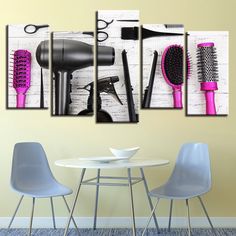 three different types of hair dryers and combs on a wall next to a table