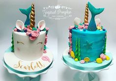 two cakes decorated to look like unicorns and mermaid tails