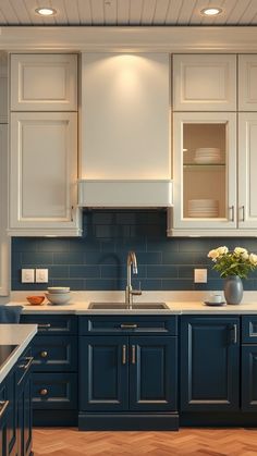 22 Rustic Two-Tone Kitchen Cabinet Ideas for Charming Warmth Blue And Oak Kitchen Cabinets, Blue And Cream Cabinets Kitchen, Kitchen Cabinet Color Ideas Two Tone, Glazed Kitchen Cabinets, White Upper Cabinets, Cream Kitchen Cabinets, Cream Cabinets, Two Tone Kitchen Cabinets, Kitchen Cabinet Color Ideas