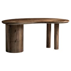 an oval wooden table with two legs and a circular wood top, on a white background