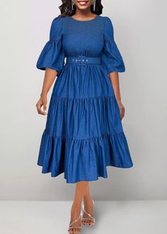 Package Contents : 1 X Dress , 1 X Belt Color : Denim Blue Printing Design : Plain Color Clothing Length : Midi Back Length(inch) :XXSXSSMLXLXXL44.345.146.046.948.350.150.9Note: The inaccuracy is between 1 and 1.5 inches due to manually measurement.Sleeve's Length : Half Sleeve Neckline : Round Neck Sleeve Style : Bishop Sleeve Season : Summer Style : Elegant Occasion : Party,Cocktail Composition : 97% Polyester 3% Spandex Washing Instructions : Hand Wash/Machine Wash See More Jean Gown Styles For Ladies, Jeans Gown Styles For Ladies, Knee-length Denim Dress With Ruffles, Knee-length Ruffled Denim Dress, Denim Ruffle Knee-length Dress, Blue Knee-length Denim Dress With Ruffles, Blue Denim Knee-length Dress With Ruffles, Blue Denim Knee-length Dress, Jeans Gown Styles For Women