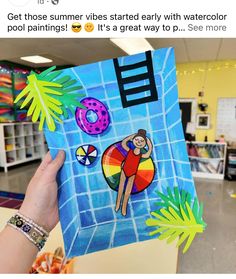 someone is holding up an art project in their hand, with the caption get those summer vibes started early with watercolor pool paintings it's a great way to see more