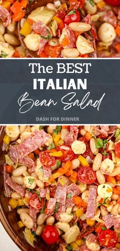 A wooden bowl filled with a colorful bean salad, featuring cherry tomatoes, salami, and mini mozzarella balls. Healthy Potluck, Italian Beans, White Bean Salad, Bean Salad Recipes, Potluck Dishes, Light Lunch, 30 Minute Meals, Bean Salad, Healthy Side Dishes