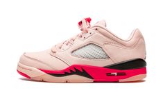 The Women’s Air Jordan 5 Low “Arctic Pink” is a women’s-exclusive colorway of the low-top silhouette from Jordan Brand’s Spring 2022 release cycle.  The clean and casual design of the “Arctic Pink” colorway calls to mind the appearance of a Valentine’s Day-inspired look, and features a light pink leather upper with translucent netting on the side and on the tongue.  A black Jumpman logo is embroidered on the heel and a red Jumpman is stitched onto the tongue.  A clear lace cover and red lace tog Womens Air Jordan, Original Air Jordans, Vapour Max Nike, Nike Air Jordan 5, Nike Sacai, Pink Things, Jumpman Logo, Womens Air Jordans, Air Jordan 5 Retro