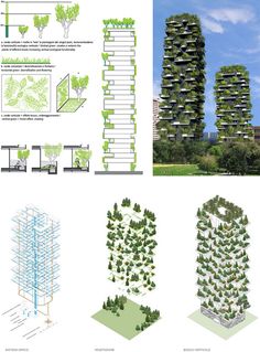 an architectural design for a tall building with trees growing on it