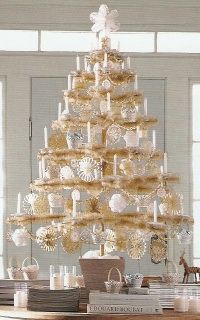 a white christmas tree sitting on top of a wooden table