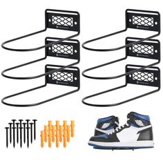 six pairs of sneakers and screws are attached to the shoelacer with hooks