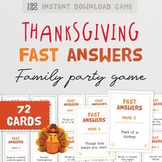 thanksgiving fast answers family party game with turkeys on it and the words, 72 cards