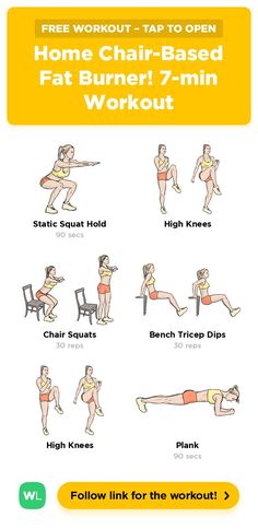 Free workout: Home Chair-Based Fat Burner! 7-min Workout – 7-min abs, arms, legs exercise routine. Click through to do this workout plan for free or download as a printable PDF. Load up in the WorkoutLabs Fit app for the best experience and visit our library for more gym and home workouts and training plans for weight loss, toning, strength and overall fitness. Search for WorkoutLabs at the App Store!