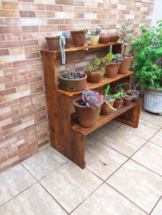 several potted plants are sitting on a wooden shelf in front of a brick wall