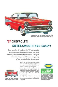 an advertisement for chevrolet's sweet, smooth and sassy car from the 1950