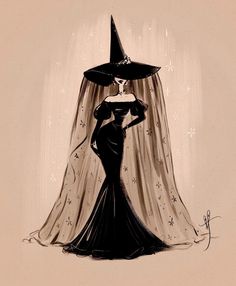 a drawing of a woman in a black dress with a witches hat on her head