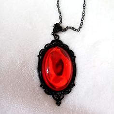 Red Gothic Vintage Necklace Black Chain Gothic Red Chain Necklace, Red Gothic Chain Necklace, Gothic Red Necklace With Chain, Black And Red Necklace, Red Pendant Necklace, Amethyst Stone Necklace, Red Gothic, Red Pendant, Gothic Vintage