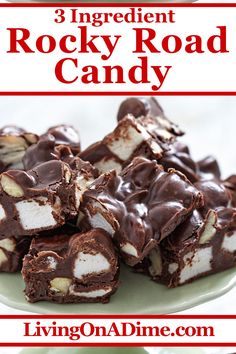 three ingredient rocky road candy on a plate with text overlay that reads, 3 ingredient rocky road candy