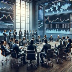 a group of business people sitting around a conference table in front of stock chart screens