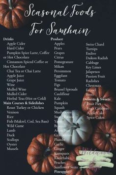 the seasonal foods for san juan menu is shown with pumpkins and gourds