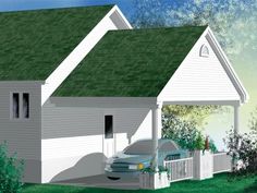 a car is parked in front of a house with a green roof and white picket fence