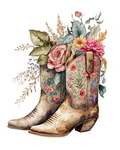 a pair of cowboy boots with flowers and leaves on the inside, painted in watercolor