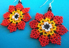 Huichol Beaded Flower earrings by Aramara on Etsy Beaded Flower Earrings, Spiritual Rituals, Flowers Earrings, Flower Outline, Weaving Projects, Spiritual Meaning