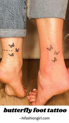 two people with butterfly tattoos on their feet