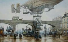 an oil painting of people and vehicles on a city street with bridge in the background