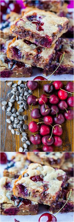 four different pictures of cherry pies with cherries on top and the bottom one is sliced