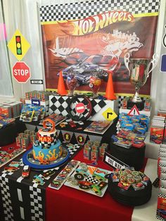 a car themed birthday party with lots of decorations