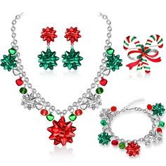 PRICES MAY VARY. A Complete Set for You: our package contains 1 piece of Christmas necklace, 1 piece of Christmas bracelet, 1 pair of Christmas earrings and 1 piece of Christmas brooch pin, complete in combination to meet your party dressing up needs Reliable Material: Christmas jewelry for women is made of quality metal and crystal material, not easy to break, tear or fade, friendly to most people's skin, so you can wear them with confidence Cute Christmas Theme: our Christmas party jewelry gif Christmas Party Jewelry, Christmas Brooch, Festival Theme, Bell Design, Christmas Necklace, Green And Silver, Bow Necklace, Christmas Bow, Christmas Bracelet