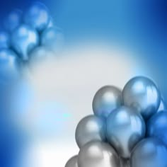 some shiny balls are in the air on a blue and white background with an abstract design