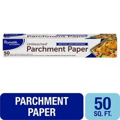 a box of parchment paper next to a blue sticker with the words parchment paper on it