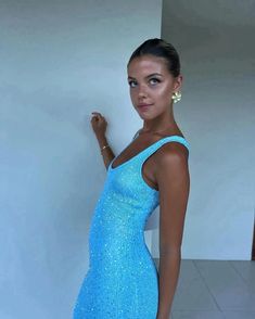 Swater Dress, Blue Going Out Outfit, Dress Accessories Ideas, Blue Summer Dress Outfit, Blue Beaded Dress, Summer Fits Aesthetic, Fits Summer, Vacation Maxi Dress