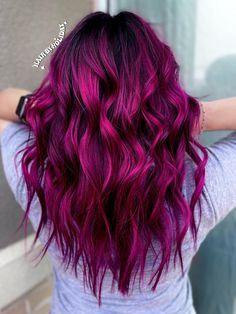 Dark Purple Peekaboo Hair Blonde, Pink Multicolor Hair, Raspberry Balayage, Magenta Balayage, Purple Hair Inspiration, Raspberry Hair Color, Cherry Highlights, Vacay Hair