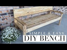 a simple and easy diy bench made out of pallet wood with flowers in the foreground