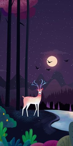 a deer standing in the middle of a forest at night