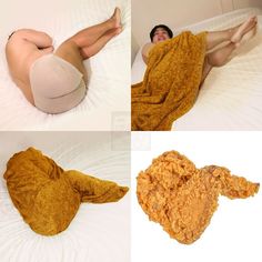 three pictures of a person laying on a bed covered in a blanket and chicken nuggies