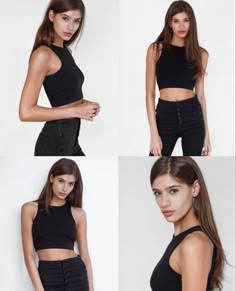 four different pictures of a woman in black top and pants with her hands on her hips