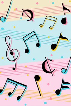 colorful music notes on pink, blue and yellow background with polka dotes in the foreground