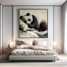 a panda bear is laying on the bed in front of a painting hanging above it