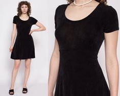 "Vintage 90s minimalist slinky & stretchy black mini dress with a scoop neck and short sleeves. Measurements and Condition: Fits like: Women's small to medium Fabric: Feels like poly/spandex Brand: DCI by Cortney Condition: Very good, with light general wear. Length: 35\" Chest: 32\" to 36\" Waist: 26\" to 28\" Hips: Free Shoulders (seam to seam): 14\" Sleeve: 5.75\" Shown on a 5'8\" model with measurements of 34\"-26\"-37\", usually wears a size small. See our FAQ for more info on sizing and co Slinky Mini Dress, Mini Dress Vintage, Grunge Dress, Vintage Short, Star Jeans, Vintage Shorts, Dress Vintage, Black Mini, Mini Black Dress