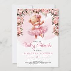 a baby shower card with a teddy bear in a pink dress and flowers on it