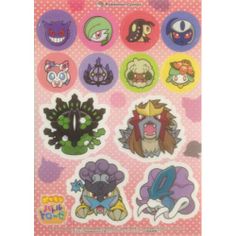 an assortment of cartoon stickers on a pink background