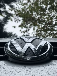 the front grille of a car with raindrops on it and trees in the background