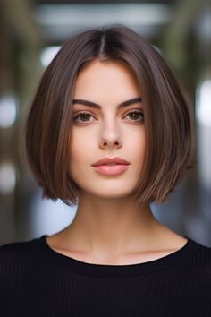 For a well-defined look, go for a chin-length box bob with a razor cut. The box bob is blunt and crisp, making it ideal for straight brown bob lovers. Click here to check out more if you haven’t seen the “Box Bob” cut yet, here are 25 incredible examples for you. Chin Length Brunette Bob With Highlights, Short Bob With Bangs For Thick Hair, Short Bob Hairstyles Straight, Neck Length Bob Haircut, Slight Inverted Bob, One Lenght Hairstyle Bob, Bobs For 2024, Chin Length Hair Straight, Box Bob 2024