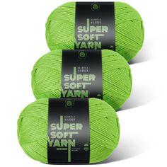 three skeins of yarn in lime green, with the words super soft yarn written on