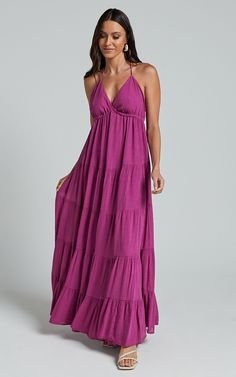 Claudia Maxi Dress - Halter Neck Low Back Empire Waist Tiered Dress in Magenta Fuschia Pink Dress, Maxi Halter Dress, Magenta Color, Halter Neck Dress, Pink Maxi, Halterneck Dress, Dress Maxi, Rayon Fabric, Tiered Dress