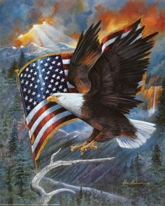 an eagle flying with the american flag in its talon, over a mountain range and trees