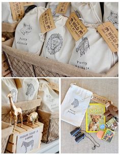 various items are displayed in baskets on the floor and inside, including bags with animals