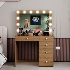 a vanity with lights on it in a bedroom