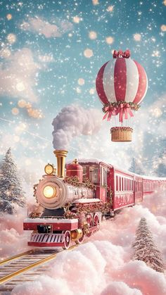 a painting of a train and hot air balloons in the sky with snow on the ground